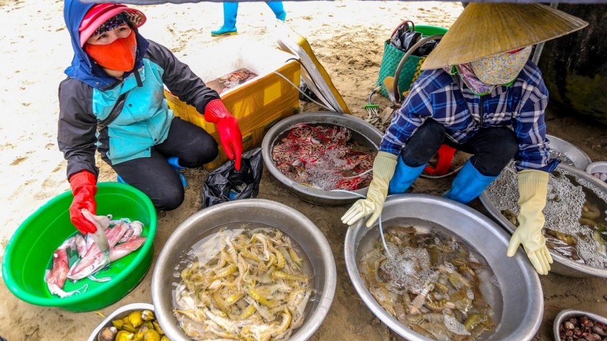 Visitors enjoy appetizing seafood on Sam Son beach 