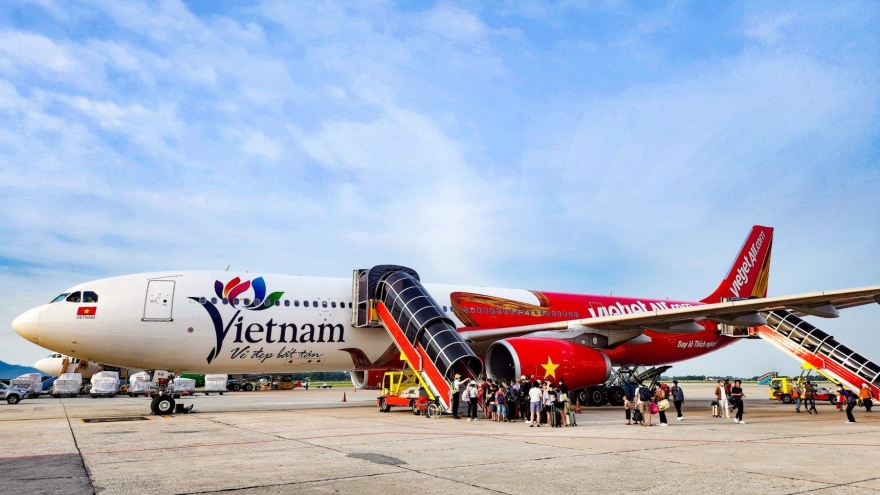 VietJet aircraft bearing symbol of Vietnamese tourism takes off