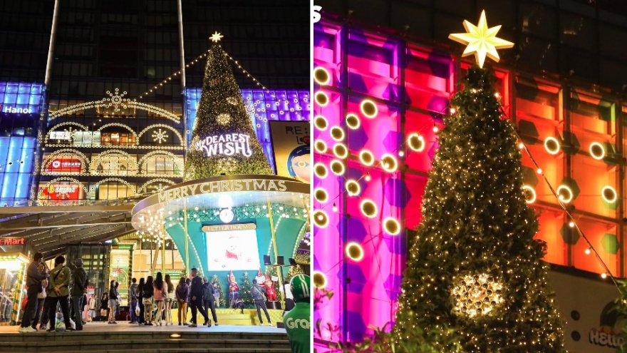 Giant Christmas trees in commercial centers bring festive cheer to Hanoians